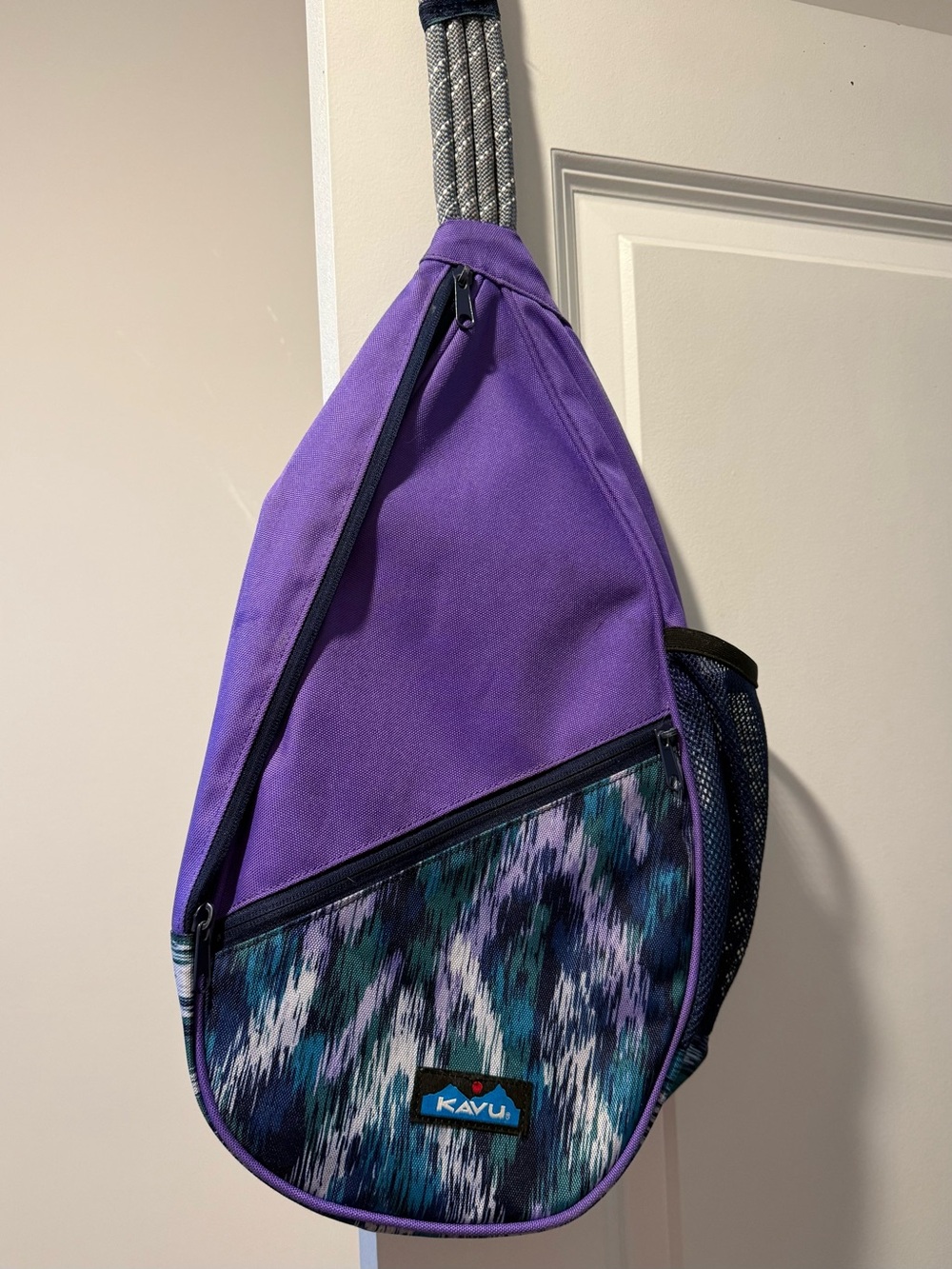 Kavu Purple Sling Bag with Teal, Navy & White Patterned Pocket